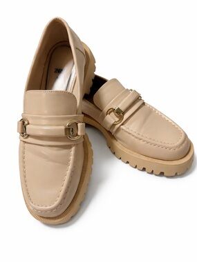 Zara Beige Chunky-Sole Leather Loafers with Gold Hardware